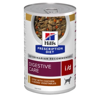 Hill's Prescription Diet i/d Verdauungsversorgung Dosenfutter für Hunde, mit einem Eintopf aus Huhn und hinzugefügtem Gemüse, vom Tierarzt empfohlen.