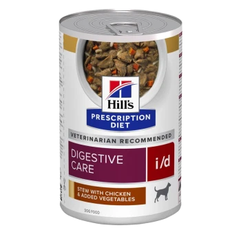 Hill's Prescription Diet i/d Digestive Care hondenvoer in blik, met een stoofpot met kip en toegevoegde groenten, door dierenartsen aanbevolen.