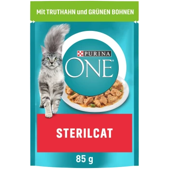 Purina ONE Sterilcat Verpackung mit einer flauschigen grauen Katze, einer Schüssel mit Nassfutter und dem Text "Mit Truthahn und Grünen Bohnen."