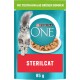 Opakowanie Purina ONE Sterilcat z puszystym szarym kotem, miską mokrej karmy i tekstem "Mit Truthahn und Grünen Bohnen."