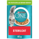 Emballage Purina ONE Sterilcat avec un chat gris duveteux, un bol de nourriture humide, et le texte "Mit Truthahn und Grünen Bohnen."