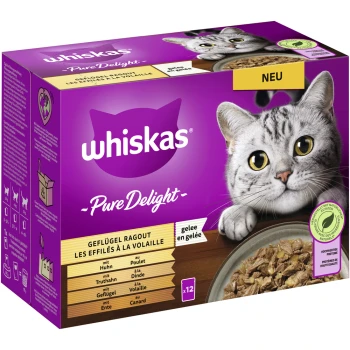 Pure Delight Multipack Geflügel Ragout in Gelee 12 x 85g Verpackung von Whiskas Pure Delight Katzenfutter mit einer grauen getigerten Katze, mit Text, der die Geschmäcker hervorhebt: Huhn, Truthahn, Ente und Gans.