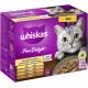 Verpackung von Whiskas Pure Delight Katzenfutter mit einer grauen getigerten Katze, mit Text, der die Geschmäcker hervorhebt: Huhn, Truthahn, Ente und Gans.