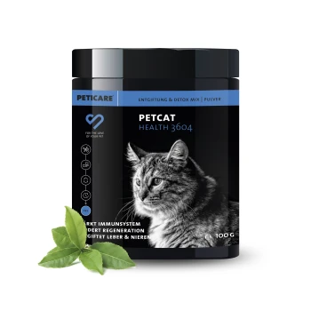 Schwarzer Behälter mit PetCare PetCat Health 3604 Detox-Mischung für Katzen, mit einem Profilbild einer getigerten Katze und grünen Blättern.