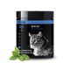 Schwarzer Behälter mit PetCare PetCat Health 3604 Detox-Mischung für Katzen, mit einem Profilbild einer getigerten Katze und grünen Blättern.