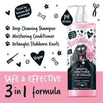Bugalugs 3-in-1 Haustiershampoo, Conditioner und Entwirrungsmittel mit Cartoon-Hund, das tiefenreinigende, feuchtigkeitsspendende und entwirrende Vorteile hervorhebt.
