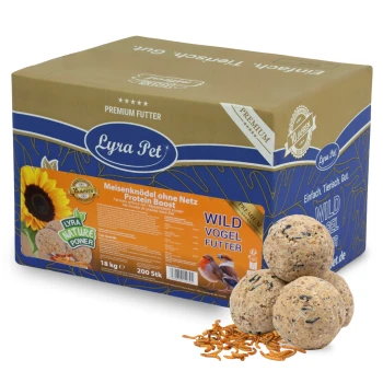 Eine Box mit Lyra Pet Wildvogel-Futter, die 200 netzfreie Fettbällchen enthält, mit der Aufschrift "Meisenknödel ohne Netz Protein Boost" und Bildern von Sonnenblumen und Vögeln.
