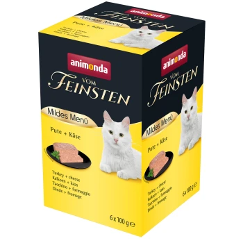 Eine Packung Animonda Vom Feinsten Katzenfutter mit einer weißen Katze auf der Vorderseite, beschriftet mit 'Mildes Menü Pute + Käse' und Bildern von Pute und Käse.