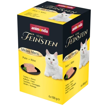 Eine Packung Animonda Vom Feinsten Katzenfutter mit einer weißen Katze auf der Vorderseite, beschriftet mit 'Mildes Menü Pute + Käse' und Bildern von Pute und Käse.