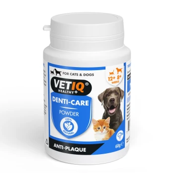 White VETIQ Denti-Care powder jar for cats & dogs, anti-plaque 100% natural, photo of dog and kitten, 60g.