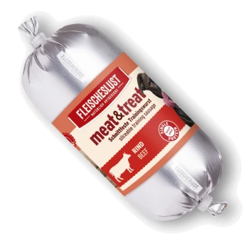 Silberne Folienrolle der FLEISCHESLUST meat&treat Rinder-Trainingswurst für Hunde, Etikett zeigt 'RIND BEEF' und 'Single Protein'.