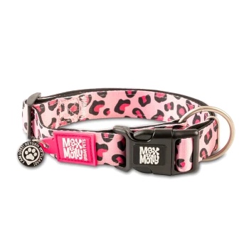 Pink-schwarzes Leopardenmuster Hundehalsband mit schwarzer Schnalle, Metallring und Anhänger mit der Aufschrift „Ich bin verloren! Bitte bring mich zurück!“ und „Max & Molly Urban Pets“.