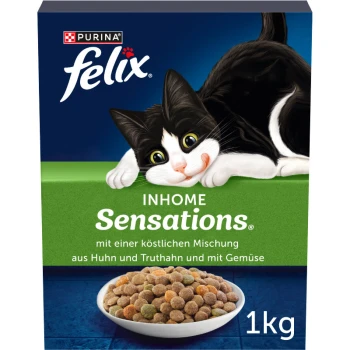 Une boîte de 1 kg de nourriture pour chats Purina Felix avec un chat noir et blanc joueur, étiquetée "INHOME Sensations®" avec du poulet, de la dinde et des légumes.