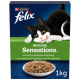 Une boîte de 1 kg de nourriture pour chats Purina Felix avec un chat noir et blanc joueur, étiquetée "INHOME Sensations®" avec du poulet, de la dinde et des légumes.