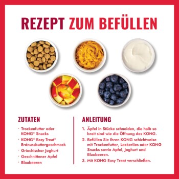 Deutsche Grafik 'REZEPT ZUM BEFÜLLEN': fünf Schalen mit Trockenfutter, Erdnussbutter, Joghurt, gehacktem Apfel, Blaubeeren.