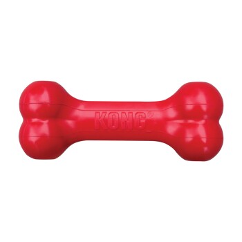 Red KONG brand durable dog chew toy shaped like a bone against a white background.
