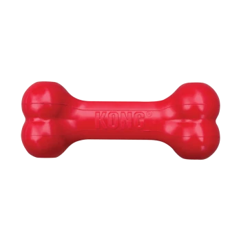 Red KONG brand durable dog chew toy shaped like a bone against a white background.