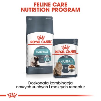 Program żywieniowy Royal Canin Feline Care z suchą karmą kontrolującą kulki włosowe i saszetką mokrej karmy, z obrazkami kotów i tekstem w języku polskim.