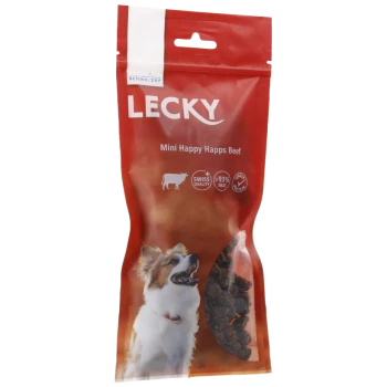 Eine rote Verpackung für Lecky Mini Happy Happs Rindfleisch-Hundeleckerlis mit einem glücklichen Hund auf der Vorderseite, mit Text, der "Schweizer Qualität" und "93% Fleisch" angibt.
