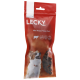 Un emballage rouge pour les friandises pour chiens Lecky Mini Happy Happs au bœuf présentant un chien heureux sur le devant, avec un texte indiquant "Qualité Suisse" et "93% Viande."