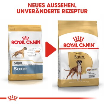 Vergleich der Verpackung von Royal Canin Boxer Hundefutter, das die "Adult"-Formel für Hunde über 15 Monate enthält, mit einem neuen Look und unverändertem Rezept.
