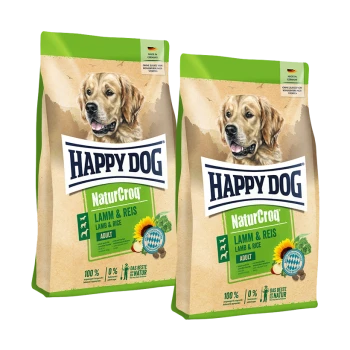 Zwei Beutel Happy Dog NaturCroq Lamm & Reis Hundefutter für erwachsene Hunde mit Bild eines Golden Retrievers und deutschem Text.