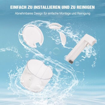 Zerlegte weiße Teile eines Haustier-Wasserbrunnens mit Wasserspritzern; deutsche Überschrift 'EINFACH ZU INSTALLIEREN UND ZU REINIGEN'.