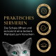 Graue Katze mit türkisfarbenen Augen unter der deutschen Überschrift "PRAKTISCHES SERVIEREN" und dem Text "Die Schale öffnen"