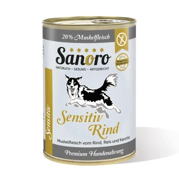 Dose Sanoro Sensitiv Rind Hundefutter, mit einer schwarz-weißen Hundillustration, mit Text, der 20% Muskelfleisch und Premiumqualität hervorhebt.