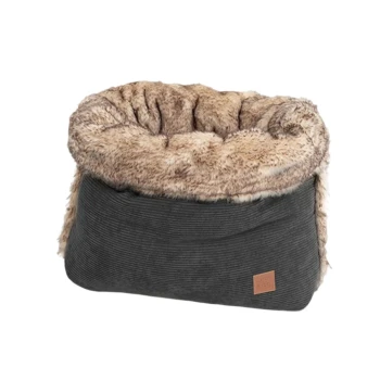 Weiches graues Cord-Haustierbett mit plüschigem Kunstfellfutter und kleinem braunem Lederetikett vorne.