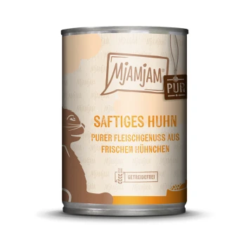 Nassfutter Katze Adult, Purer Fleischgenuss 6x400 g Huhn Dosen-Haustierfutter mit der Aufschrift "Mjamjam", das "Saftiges Huhn" (juicy chicken) zeigt, mit einem Design einer Katzensilhouette und dem Hinweis, dass es getreidefrei ist.