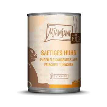 Dosen-Haustierfutter mit der Aufschrift "Mjamjam", das "Saftiges Huhn" (juicy chicken) zeigt, mit einem Design einer Katzensilhouette und dem Hinweis, dass es getreidefrei ist.
