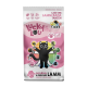 "Lucky Lou" Katzenfutter zeigt eine Cartoon-Schwarze Katze mit ausgebreiteten Armen, beschriftet mit "Geflügel & Frisches Lamm," "Getreidefrei," und "Kein Zuckerzusatz."