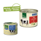 Zwei Dosen "Beef & Nature" Haustierfutter: größere "Adult" mit Rindfleisch und Gemüse, kleinere mit ähnlichem Design. Grüner Blasebalg liest: "Neues Design!"