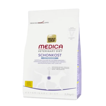 Medica Schonkost fettreduziert Huhn 2.5 kg Select Gold Medica Veterinary Diet Schonkost, 2,5 kg Beutel, fettarmes gastrointestinales Haustierfutter, mit Text in mehreren Sprachen.