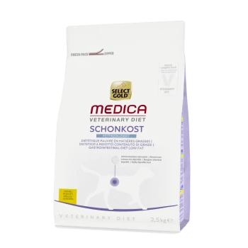 Select Gold Medica Veterinary Diet Schonkost, 2,5 kg Beutel, fettarmes gastrointestinales Haustierfutter, mit Text in mehreren Sprachen.
