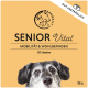 Senior Vital Ergänzung für Haustiere, mit einer Nahaufnahme des Gesichts eines älteren Hundes, mit Text, der die Vorteile für Mobilität und Wohlbefinden hervorhebt.