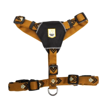 Ein schwarzes und oranges Hundegeschirr mit verstellbaren Riemen und einem Metall-D-Ring zur Leinenbefestigung, mit einem 'Woolly Wolf'-Logo.
