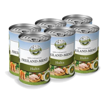 Fünf Dosen Bellfor Freiland-Menü Haustierfutter, mit der Aufschrift "Huhn", mit Bildern von Huhn und Gemüse auf grünem Hintergrund.