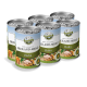 Fünf Dosen Bellfor Freiland-Menü Haustierfutter, mit der Aufschrift "Huhn", mit Bildern von Huhn und Gemüse auf grünem Hintergrund.