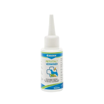 Flasche Canina Petvital Verminex, eine Schädlingsschutzlösung für Hunde, Katzen, Nagetiere, Vögel und andere Haustiere, mit einem spitzen Applikator.