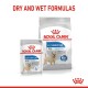 Royal Canin dog food packaging featuring dry and wet formulas labeled "Light Weight Care" for all sizes and mini dogs, emphasizing weight management.