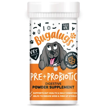 Bugalugs Pre+Probiotic Verdauungspulver-Ergänzung für Hunde, tierärztlich entwickelt, unterstützt die Darmgesundheit, hergestellt in Großbritannien.
