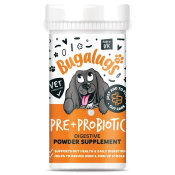 Bugalugs Pre+Probiotic Verdauungspulver-Ergänzung für Hunde, tierärztlich entwickelt, unterstützt die Darmgesundheit, hergestellt in Großbritannien.