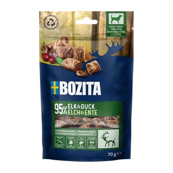 Blau-grüne BOZITA Hundesnack-Tasche: 95% Elch & Ente fleischige Bites, 70 g, Tasche mit Elch-Silhouette.