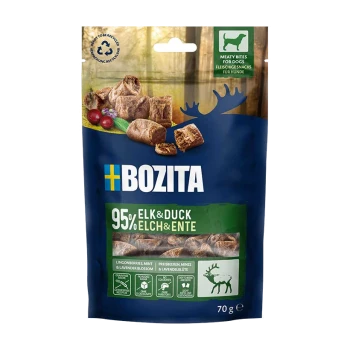 Blau-grüne BOZITA Hundesnack-Tasche: 95% Elch & Ente fleischige Bites, 70 g, Tasche mit Elch-Silhouette.