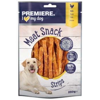 Premiere I Love My Dog Fleischsnack-Streifen, 250g Packung mit Hühnergeschmack und 96% Fleischgehalt.