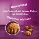 Katzenleckerlis in Form von Hühnerhäppchen auf lila Hintergrund, mit dem Text: "Unterstützt die Gesundheit deiner Katze mit köstlichen Häppchen mit Huhn."