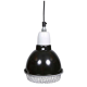 Schwarze Wärmelampe mit einem Drahtschutz, entworfen für die Tierpflege, hängt an einem Kabel.