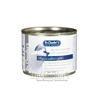 Dosen-Hundefutter mit der Aufschrift "Dr. Clauder's Hypoallergen", mit einer Katzensilhouette, mit Text über die Reduzierung von Nahrungsreaktionssymptomen.